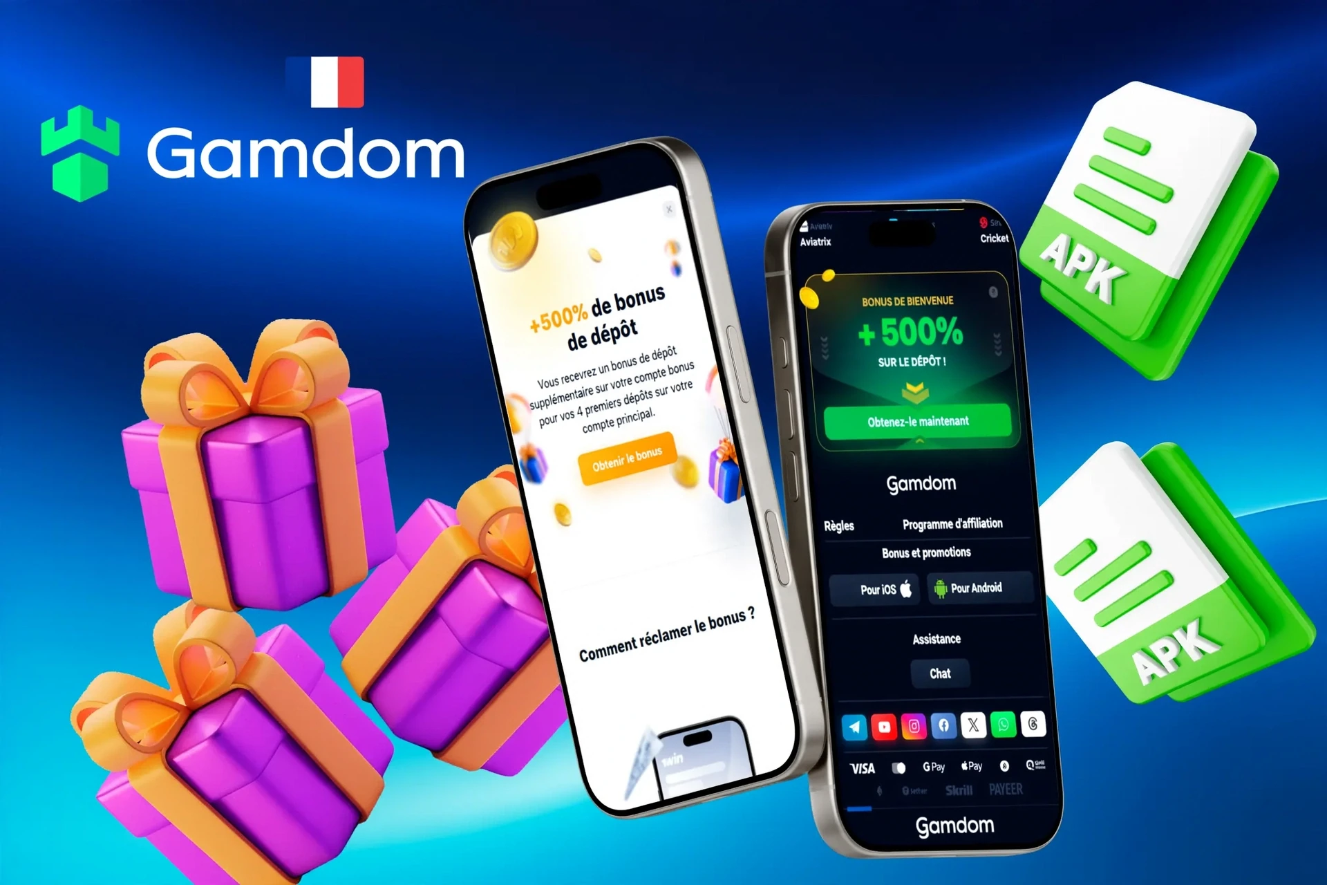 1Win mobile app promotion with 500% deposit bonus and gift box illustration