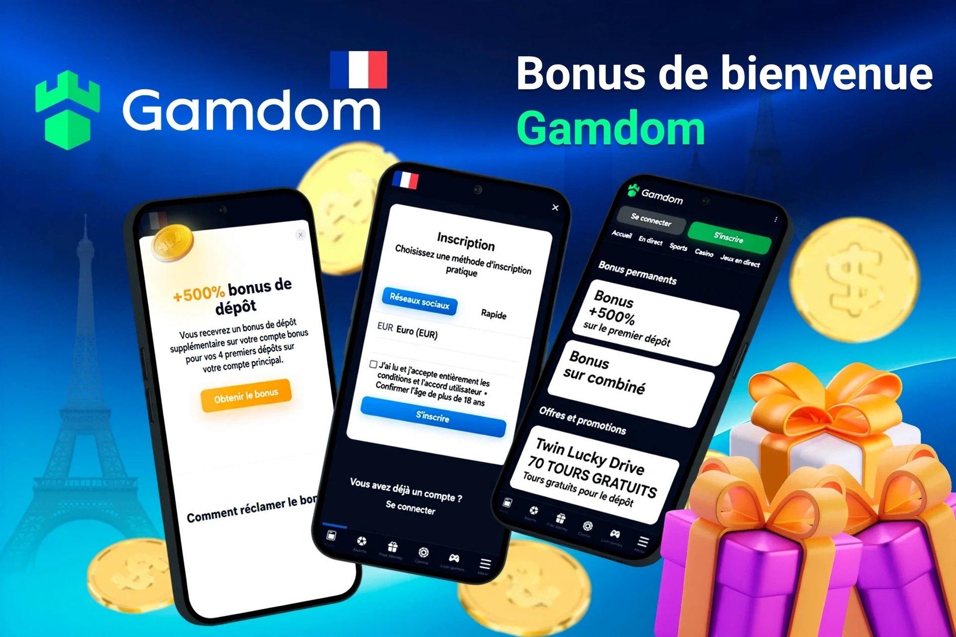 Écrans mobiles affichant l'inscription sur Gamdom et le bonus de dépôt de 200% jusqu'à 500€ avec des coffrets cadeaux