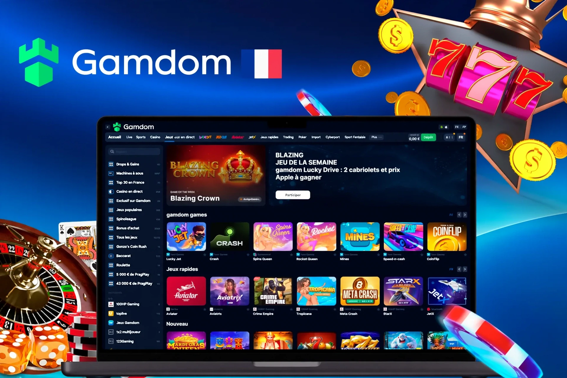 Page d'accueil du casino avec diverses machines à sous et jeux crash, y compris Lucky Jet et Blazing Crown