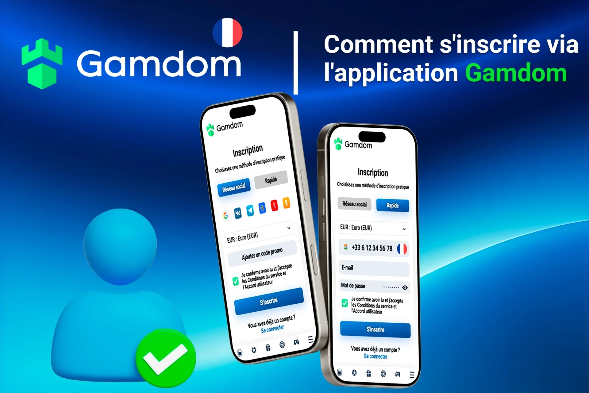 Processus d'inscription sur l'application mobile Gamdom avec options de connexion sociale