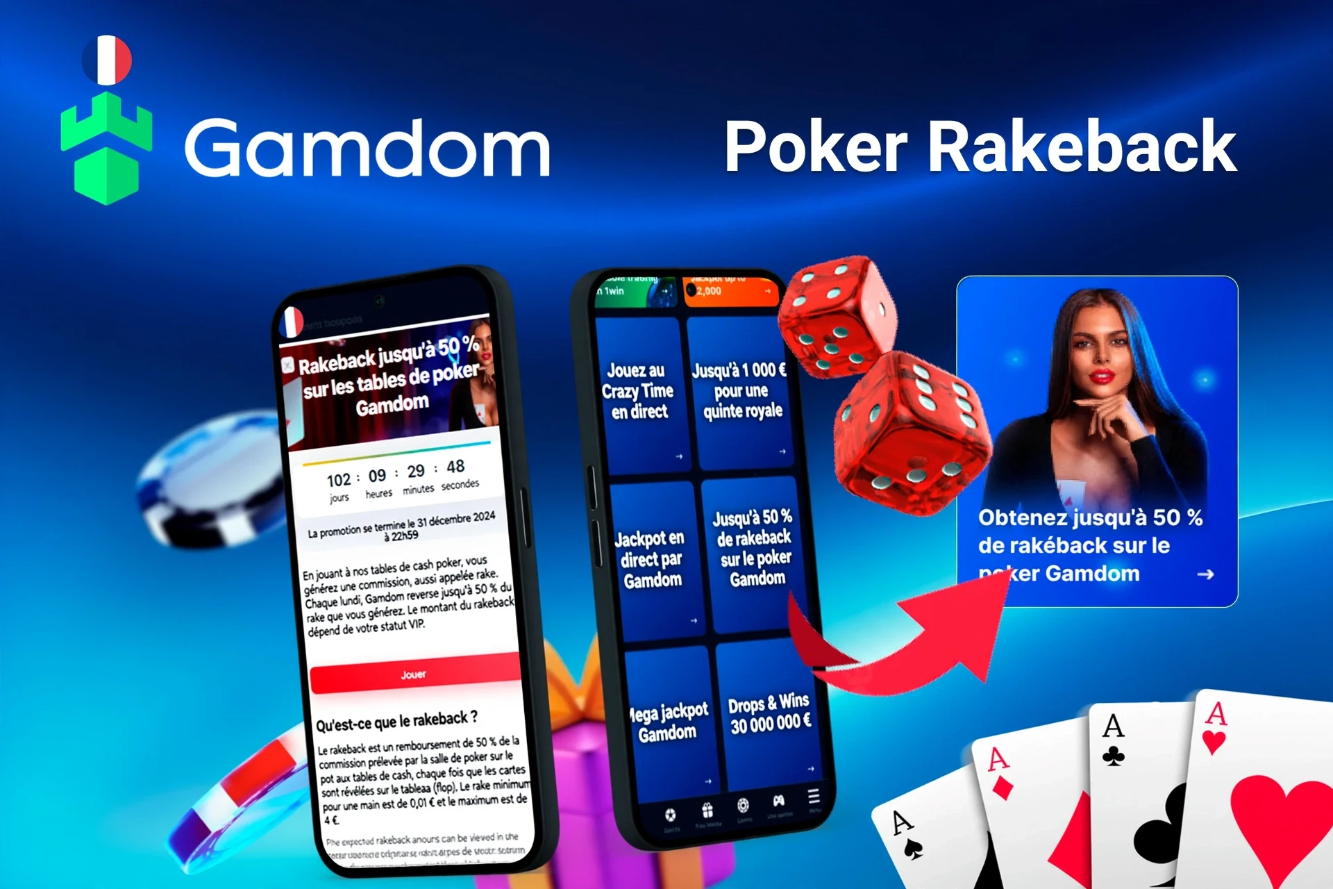 Application mobile avec offre de rakeback poker Gamdom jusqu'à 50 %, dés rouges et cartes à jouer