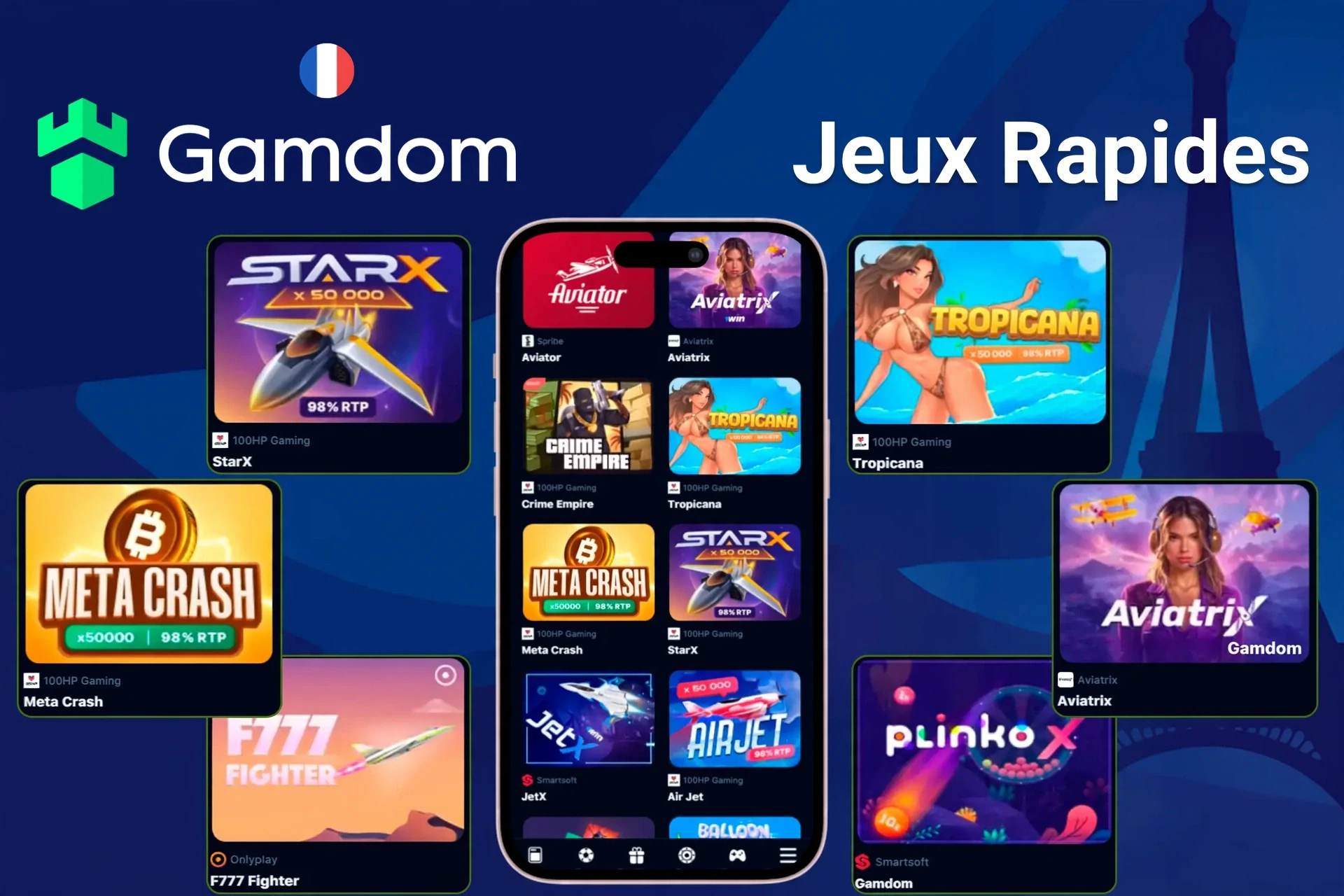 section jeux rapides avec des titres comme StarX, Tropicana, Meta Crash et PlinkoX mis en avant sur l'application mobile