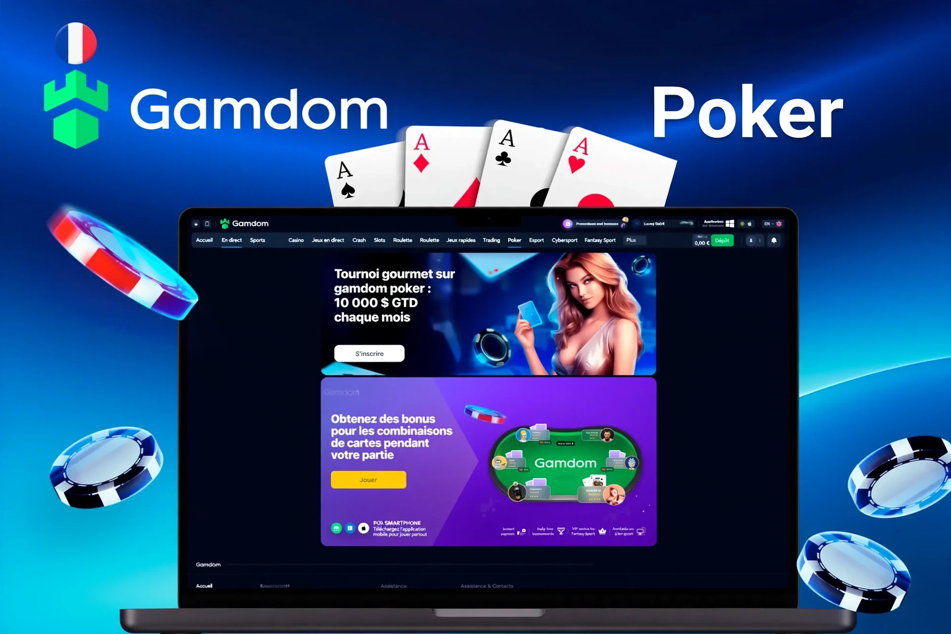 promotion poker Gamdom présentant un tournoi gourmet avec $10,000 de prix garanti et des bonus pour les combinaisons de cartes
