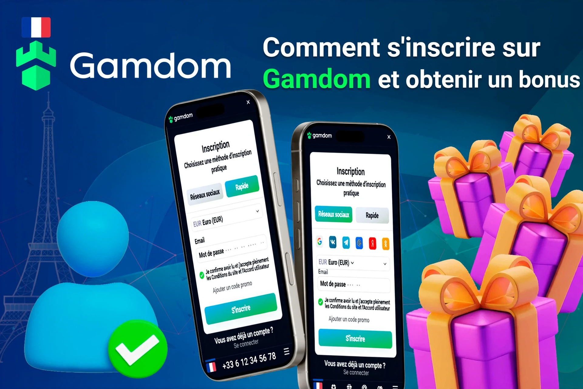 Page d'inscription mobile pour Gamdom affichant des offres de bonus avec des coffrets cadeaux violets et dorés