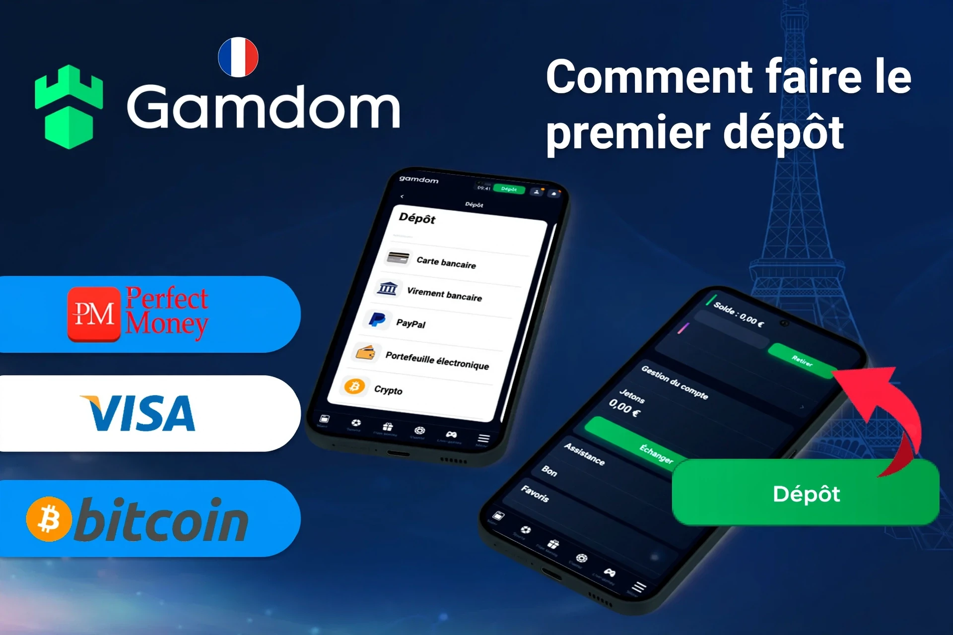 application mobile avec options de dépôt incluant Perfect Money, Visa et Bitcoin, ainsi qu’un bouton de dépôt