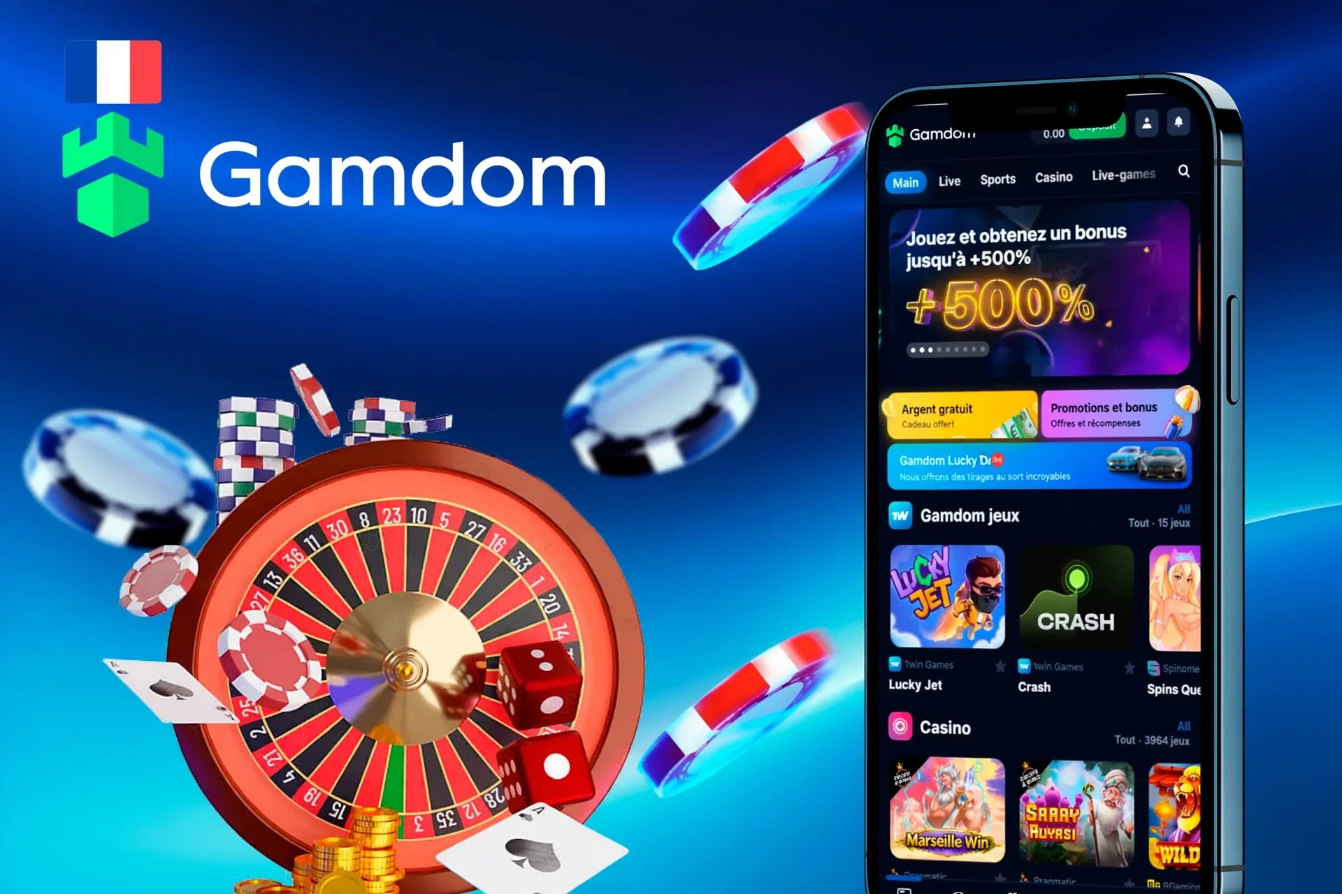 Version mobile de Gamdom affichée sur des smartphones, offrant un accès rapide à diverses fonctionnalités de paris et de jeux