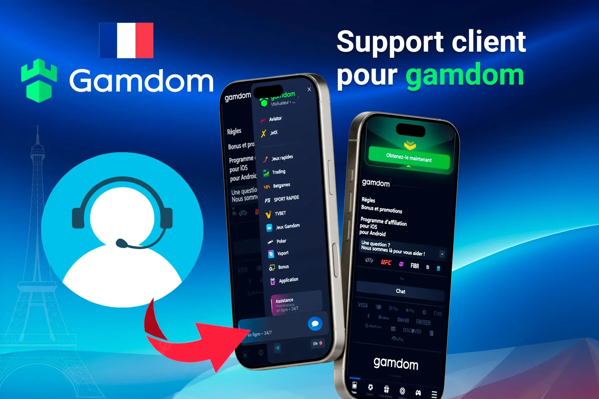 Fonction d'assistance client pour l'application, mettant en évidence les options de contact via l'application