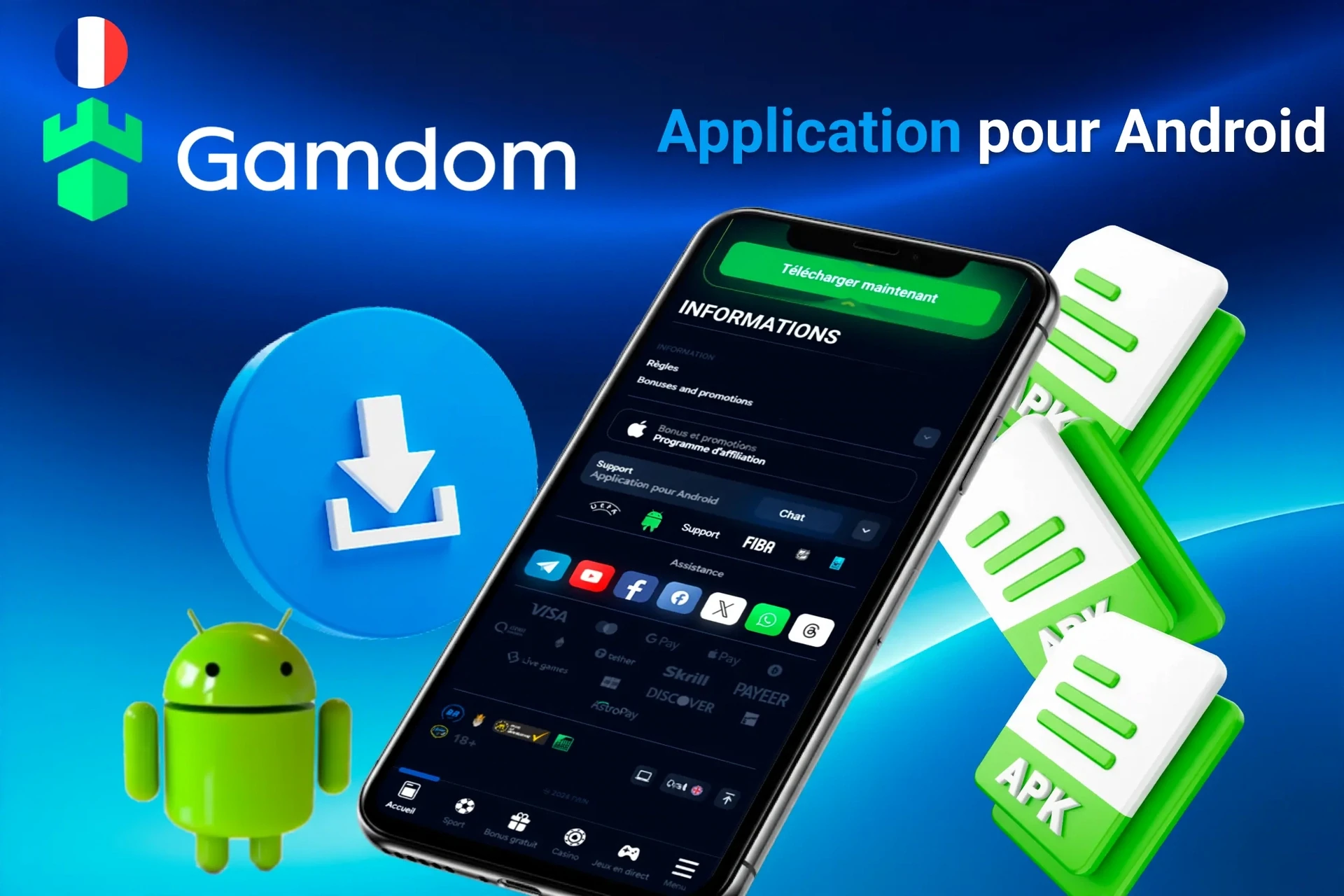 Processus de téléchargement de l'application Android avec icônes de fichier APK et mascotte Android