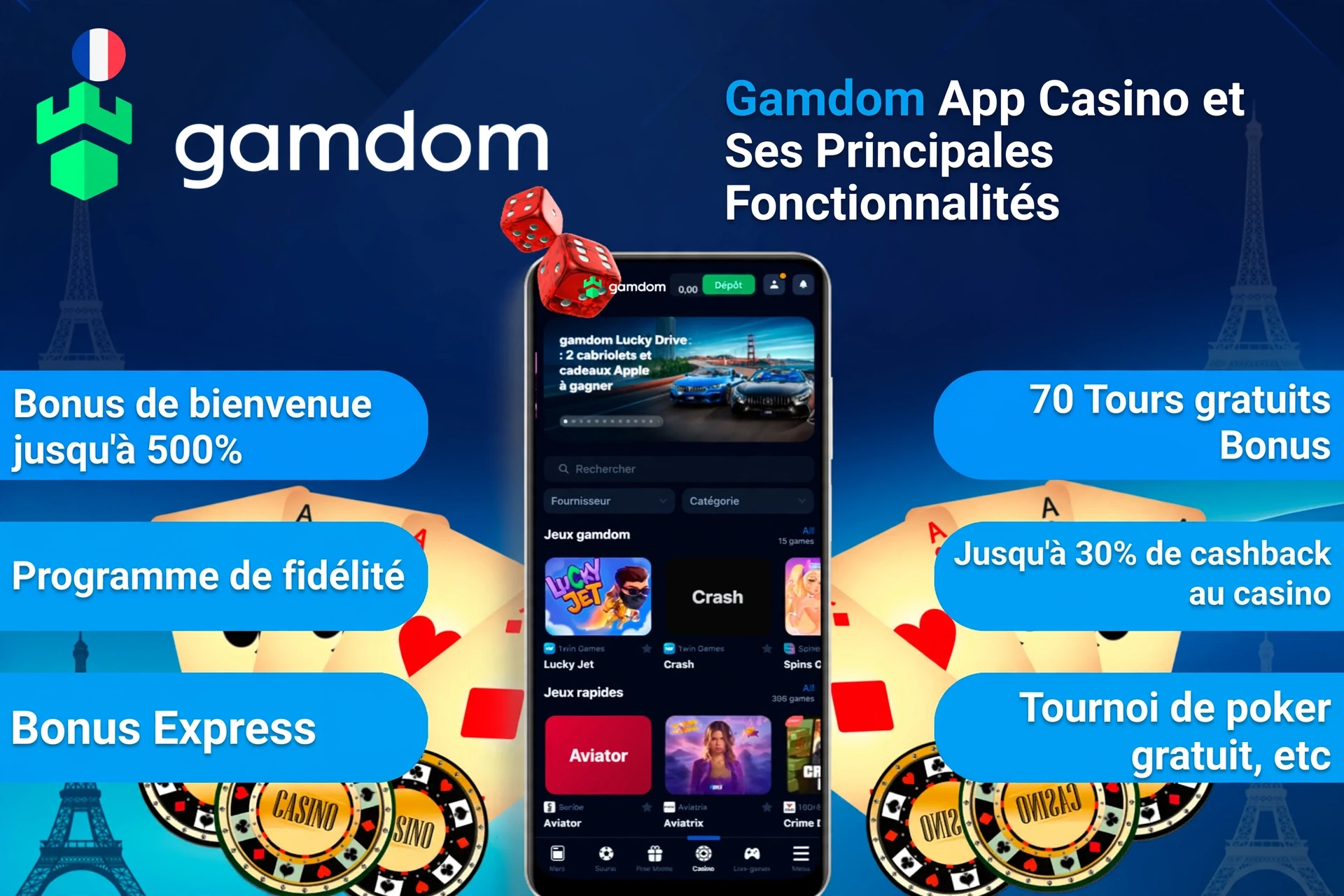 1Win App Casino top features including welcome bonus, loyalty program, and express bonus on mobile interface