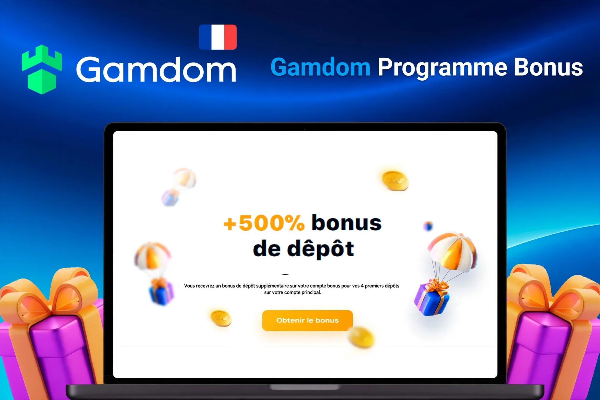 Ordinateur portable montrant une offre de bonus de dépôt +200% jusqu'à 500€ avec des pièces et des cadeaux flottants