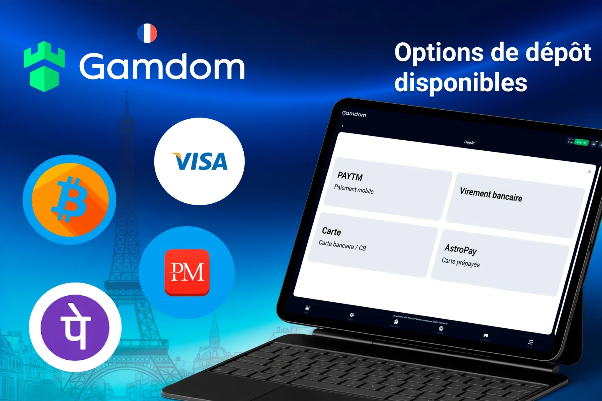 Options de dépôt disponibles sur la plateforme Gamdom, incluant Bitcoin, Visa, portefeuilles électroniques et autres, affichées sur une tablette