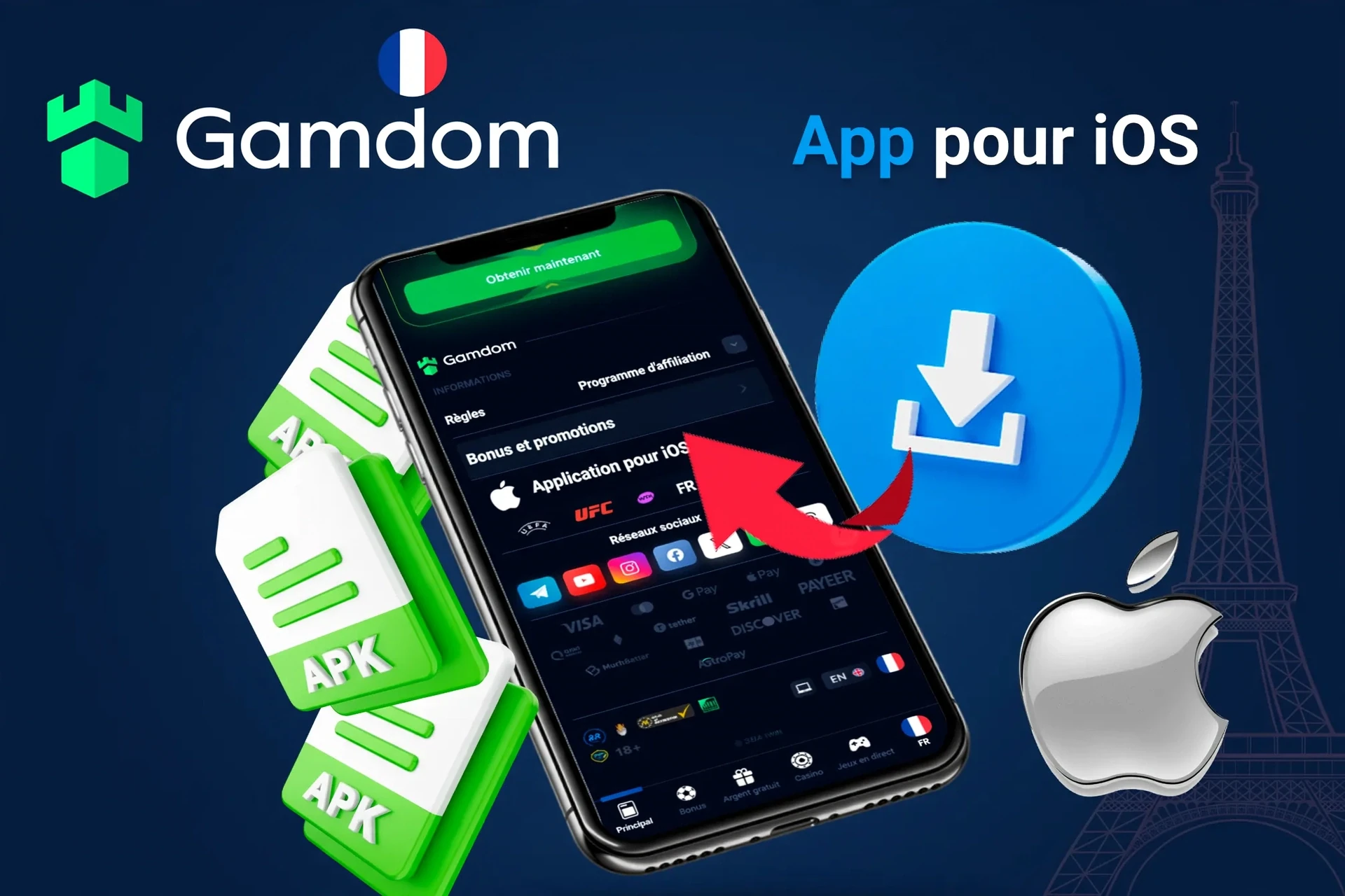 Écran de téléchargement de l'application iOS avec icônes de fichier APK et logo Apple