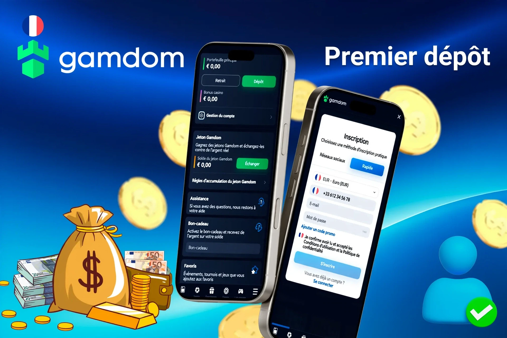 interface mobile montrant les étapes pour effectuer le premier dépôt, avec des icônes pour les options de paiement et l'inscription au bonus