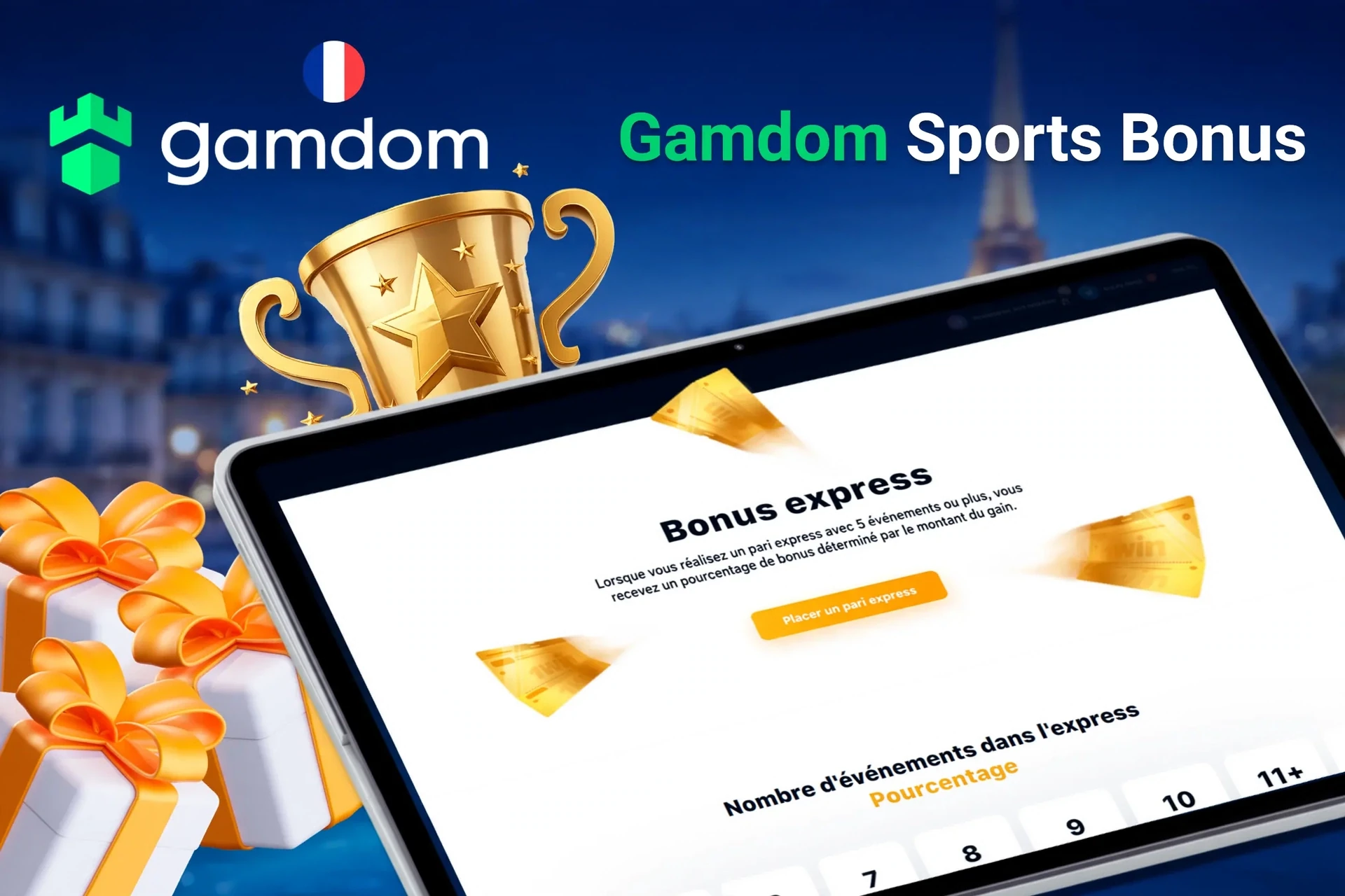 Écran de tablette avec offre de bonus express pour les paris sportifs de Gamdom, avec trophée et boîtes cadeaux.
