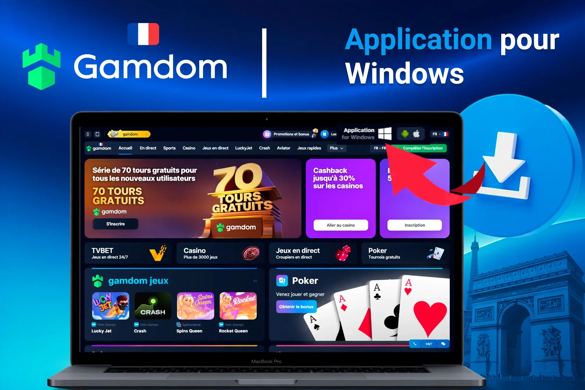 Application pour Windows avec instructions de téléchargement et promotion de 70 tours gratuits