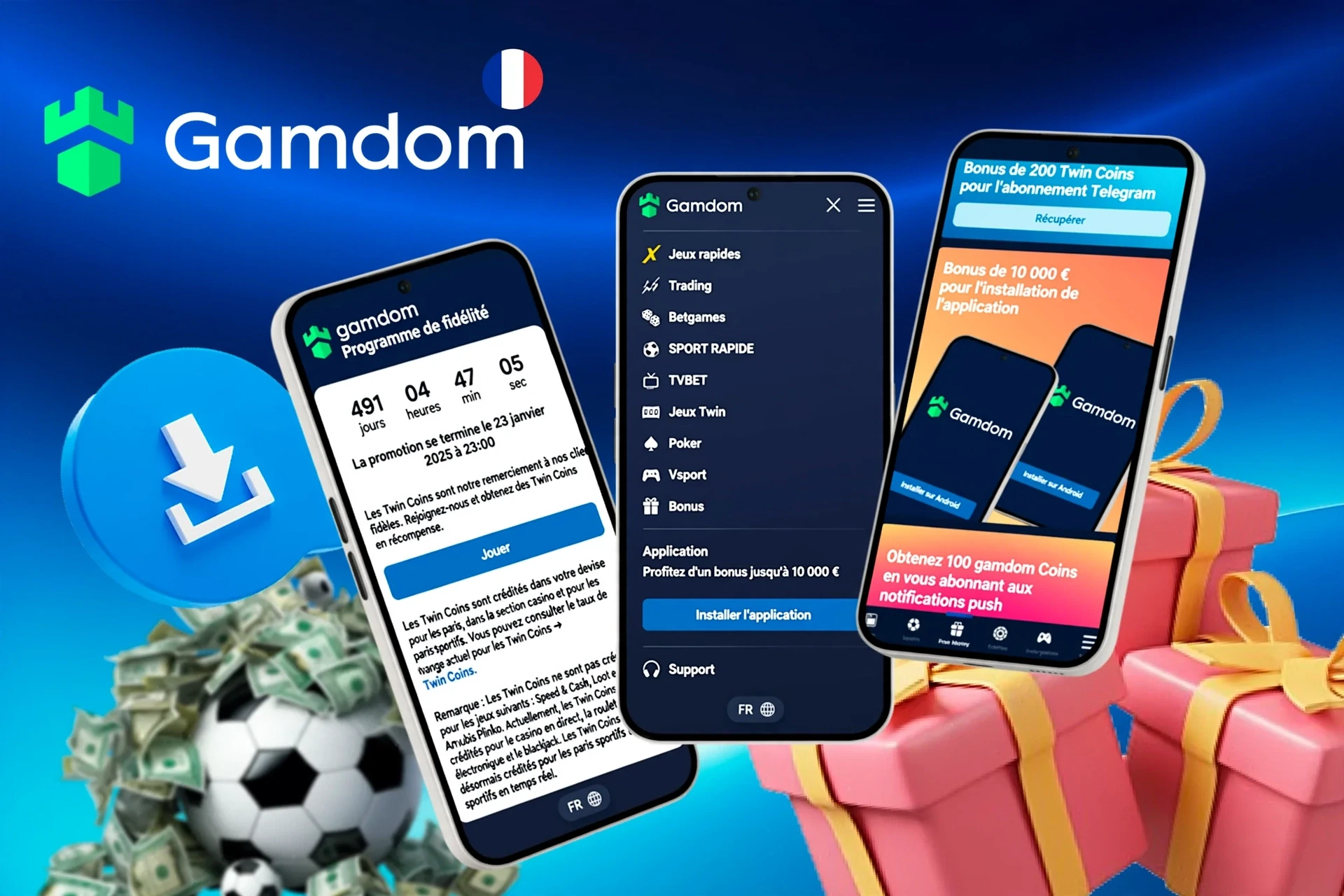 Écrans mobiles montrant le programme de fidélité, le bonus d'installation de l'application et une icône de football avec bouton de téléchargement