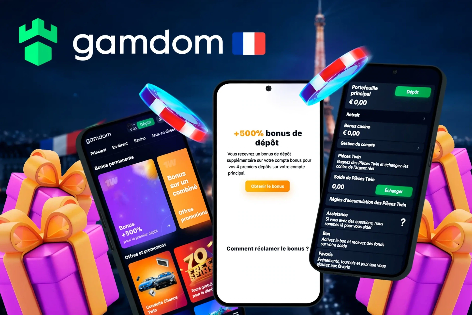 application montrant comment réclamer un bonus de dépôt de 200% jusqu'à 500€ sur mobile avec des éléments de jeu colorés