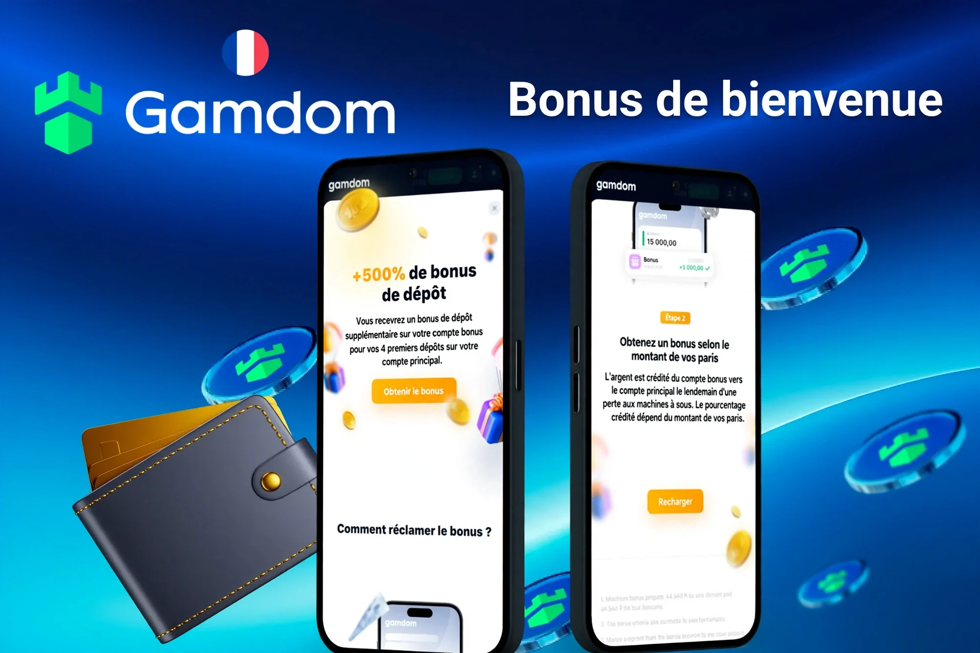 écran du bonus de bienvenue Gamdom avec +200% de bonus de dépôt pour le premier dépôt, affiché sur deux écrans mobiles