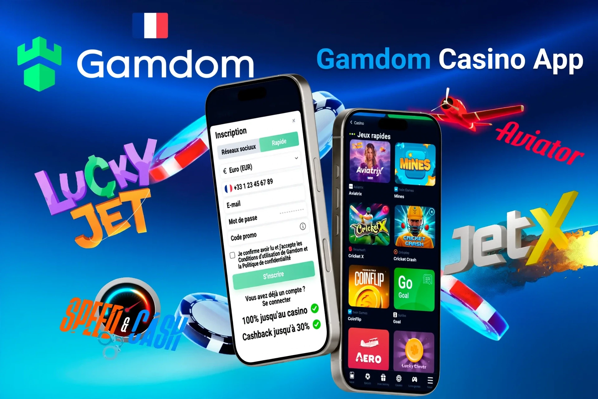Écran d'inscription à l'application Casino Gamdom avec des jeux rapides comme Aviatrix et JetX