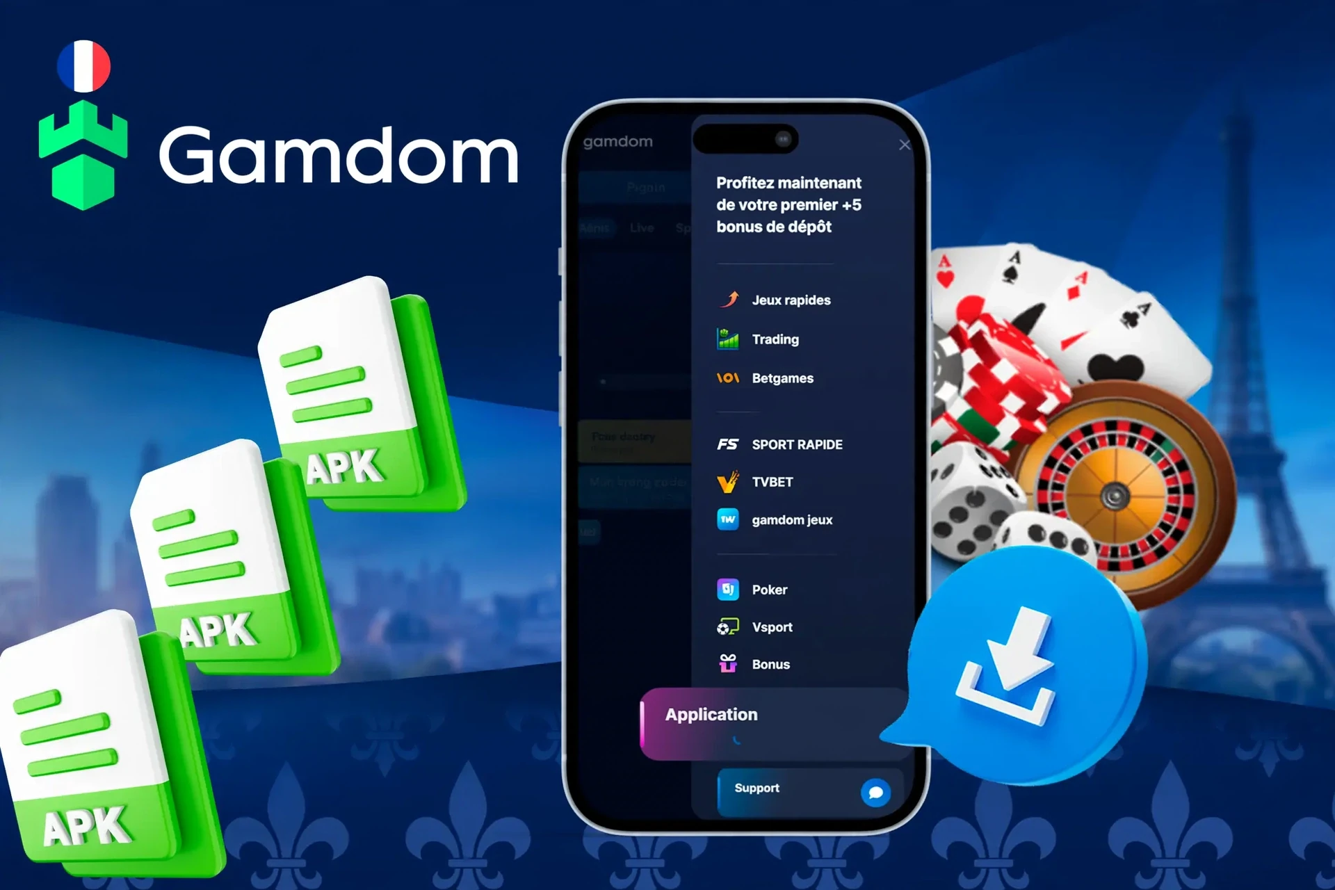 Gamdom mobile avec icônes de fichiers APK et jetons de casino illustrant l'accès mobile aux jeux Gamdom