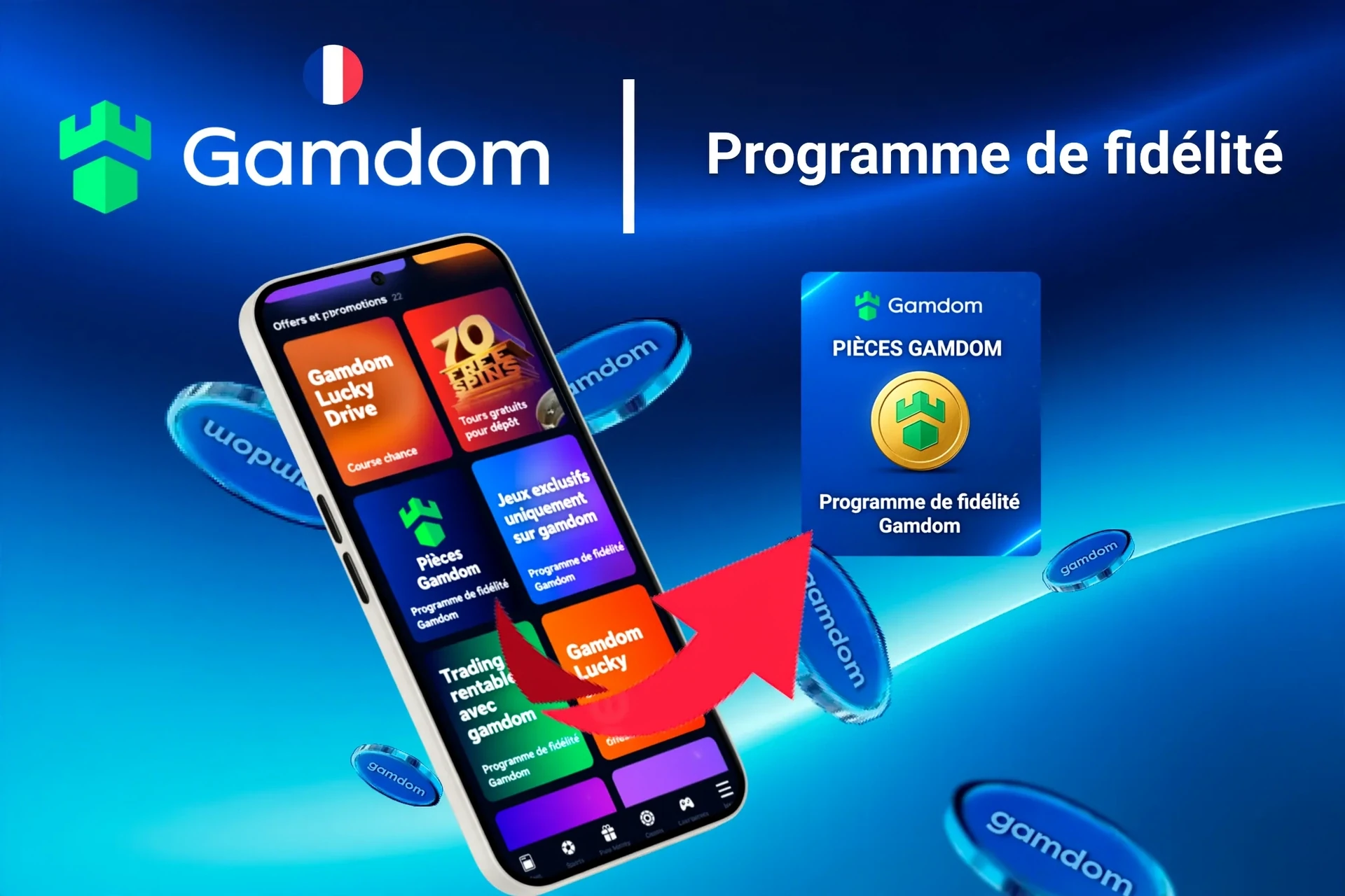 Application mobile affichant le programme de fidélité Gamdom et des offres comme des tours gratuits et Lucky Drive.