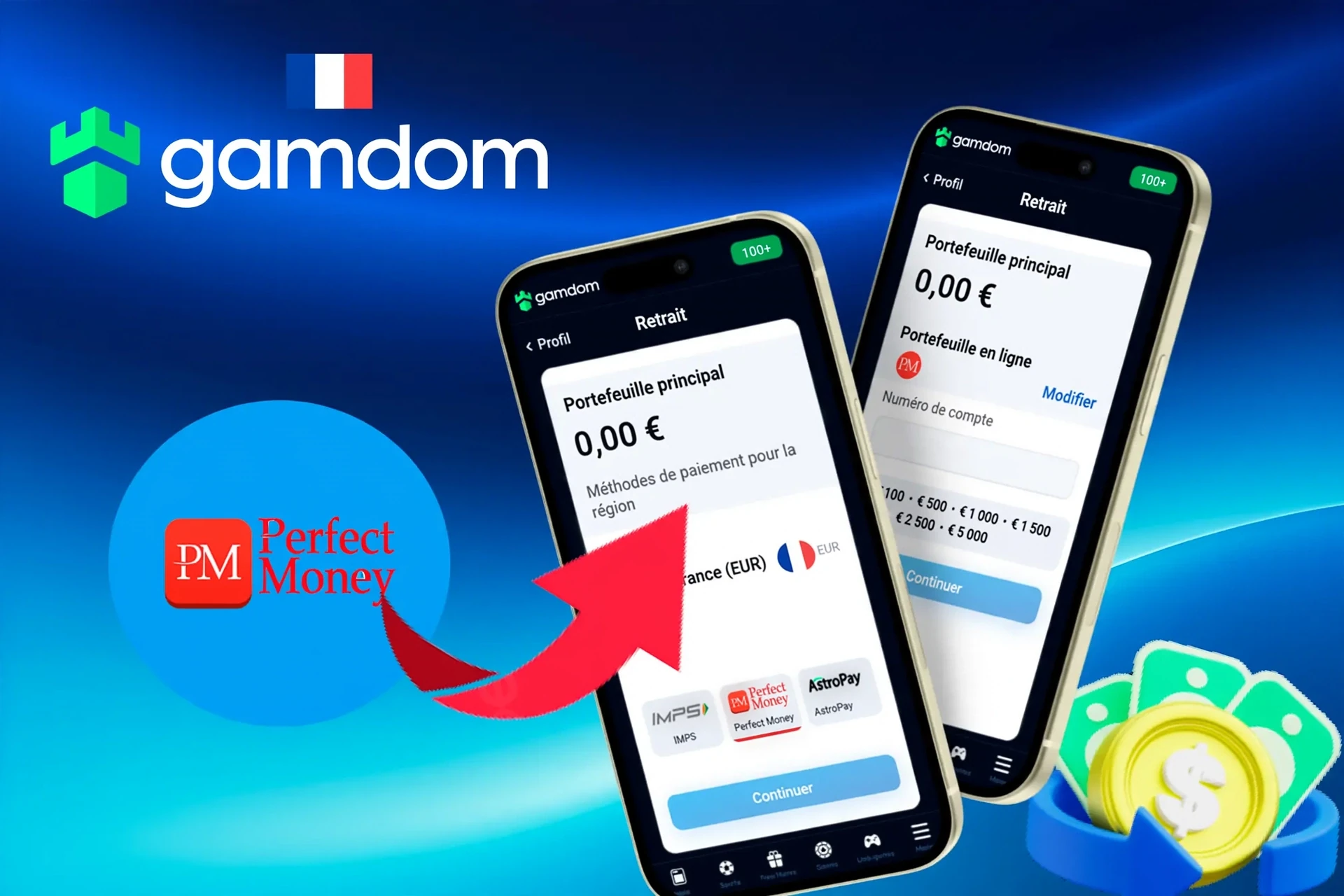 options de retrait, présentant Perfect Money, AstroPay et d'autres services de portefeuille, affichées sur une interface mobile