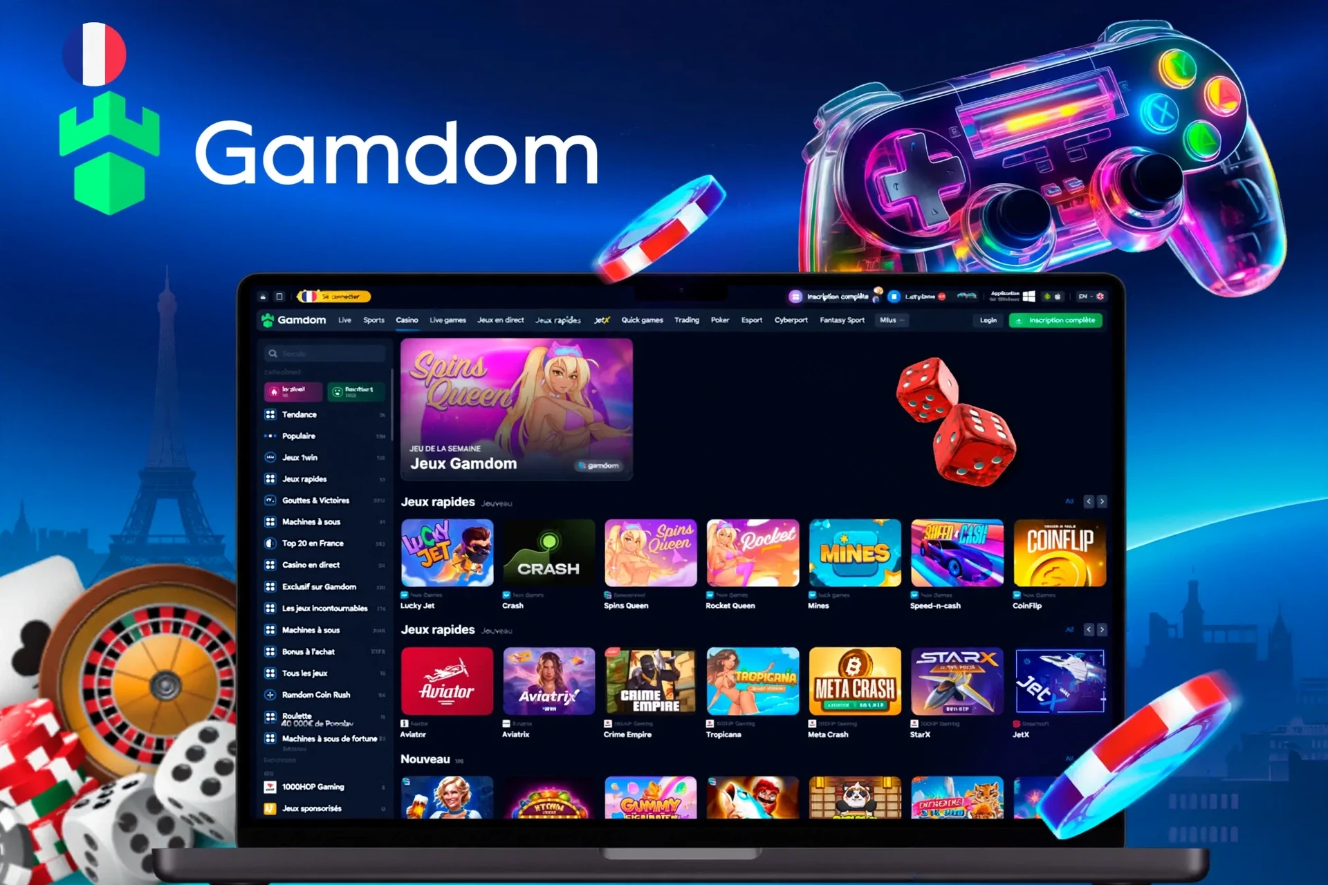 interface de l'application montrant une variété de jeux comme Spins Queen, Crash et Rocket Queen avec une icône de manette de jeu colorée