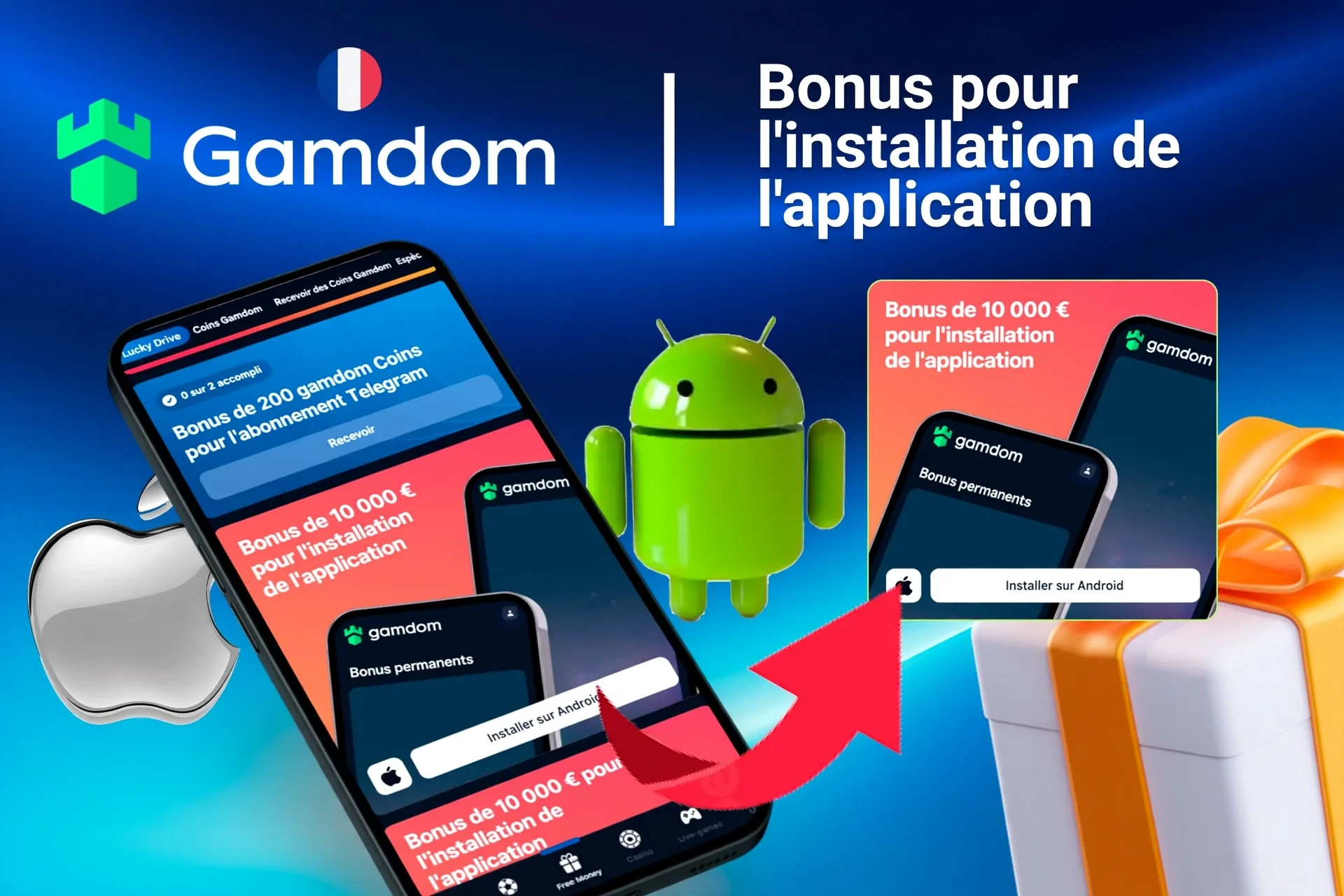 Offre de bonus Gamdom pour l'installation de l'application sur mobile avec logos Android et Apple, et des coffrets cadeaux
