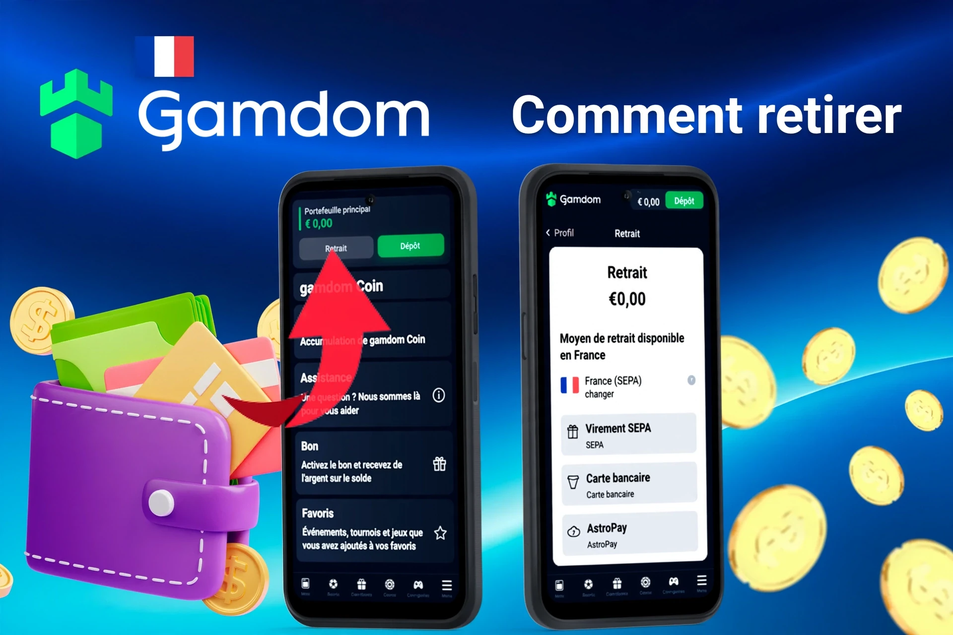 interface mobile montrant le processus de retrait avec une flèche pointant vers les options de retrait et le solde disponible du portefeuille