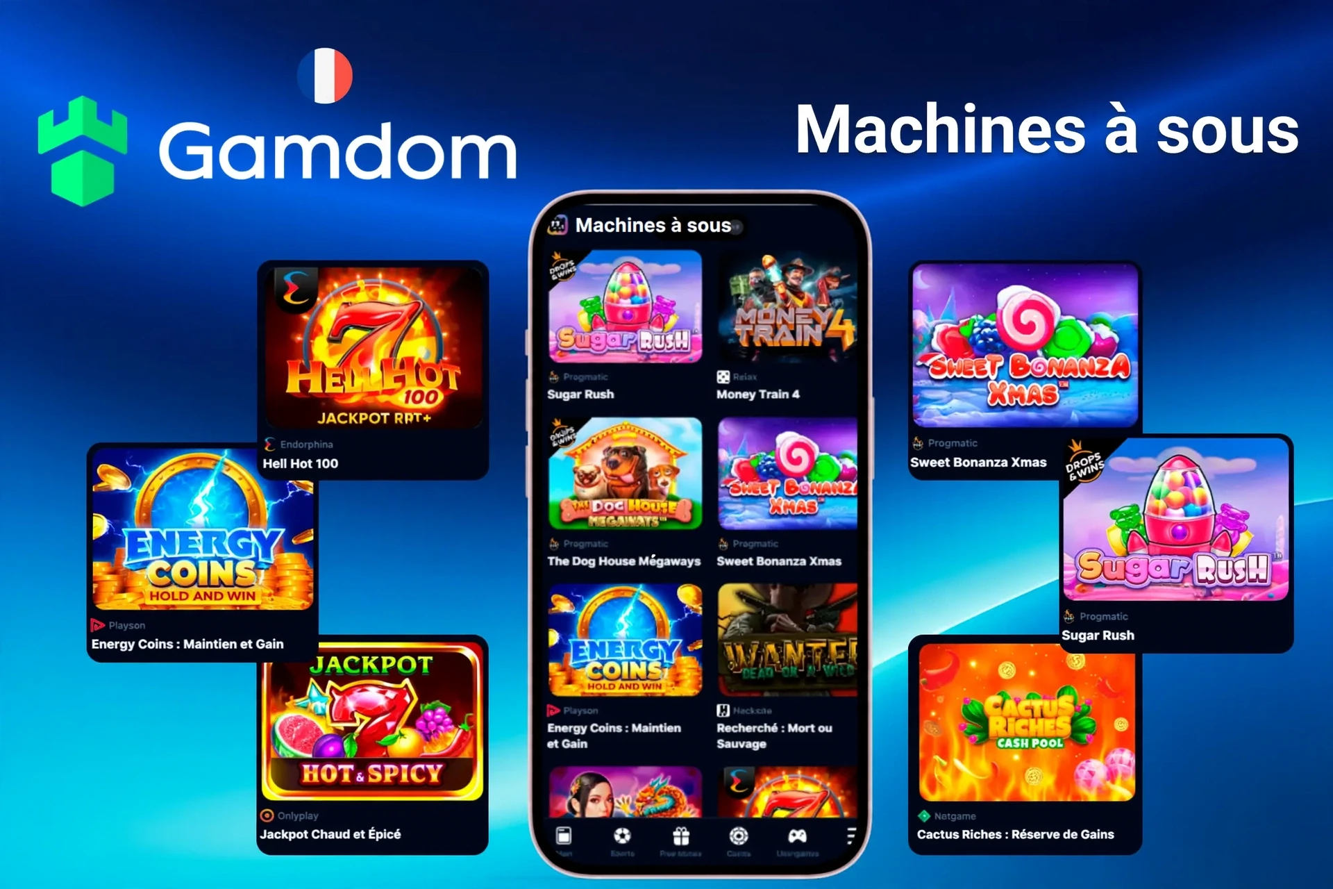 Machines à sous présentant des titres populaires comme Sugar Rush, Energy Coins et Hell Hot 100 sur mobile et ordinateur