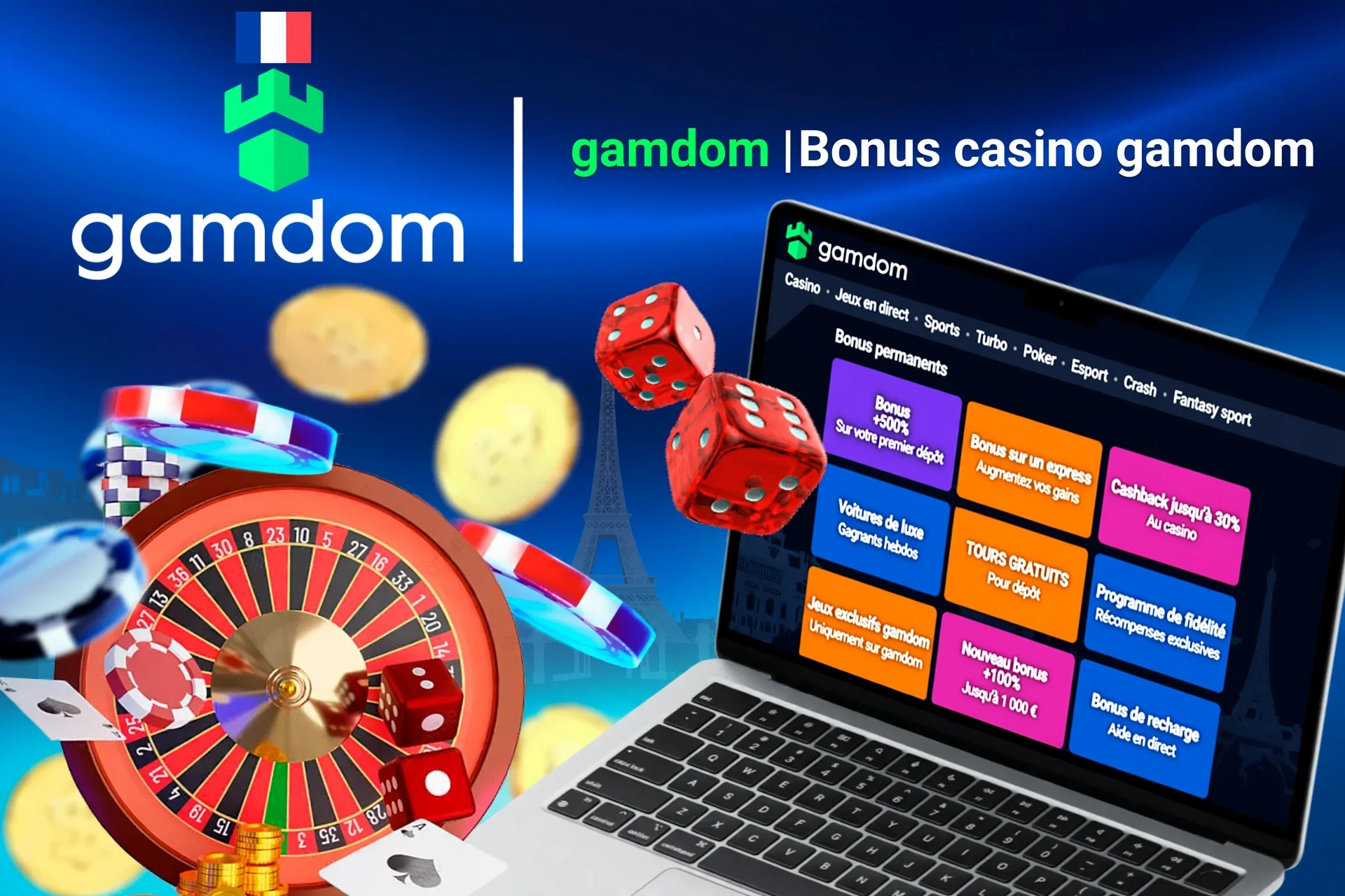 Écran d'ordinateur portable montrant divers bonus du casino Gamdom avec roulette, dés et jetons de poker