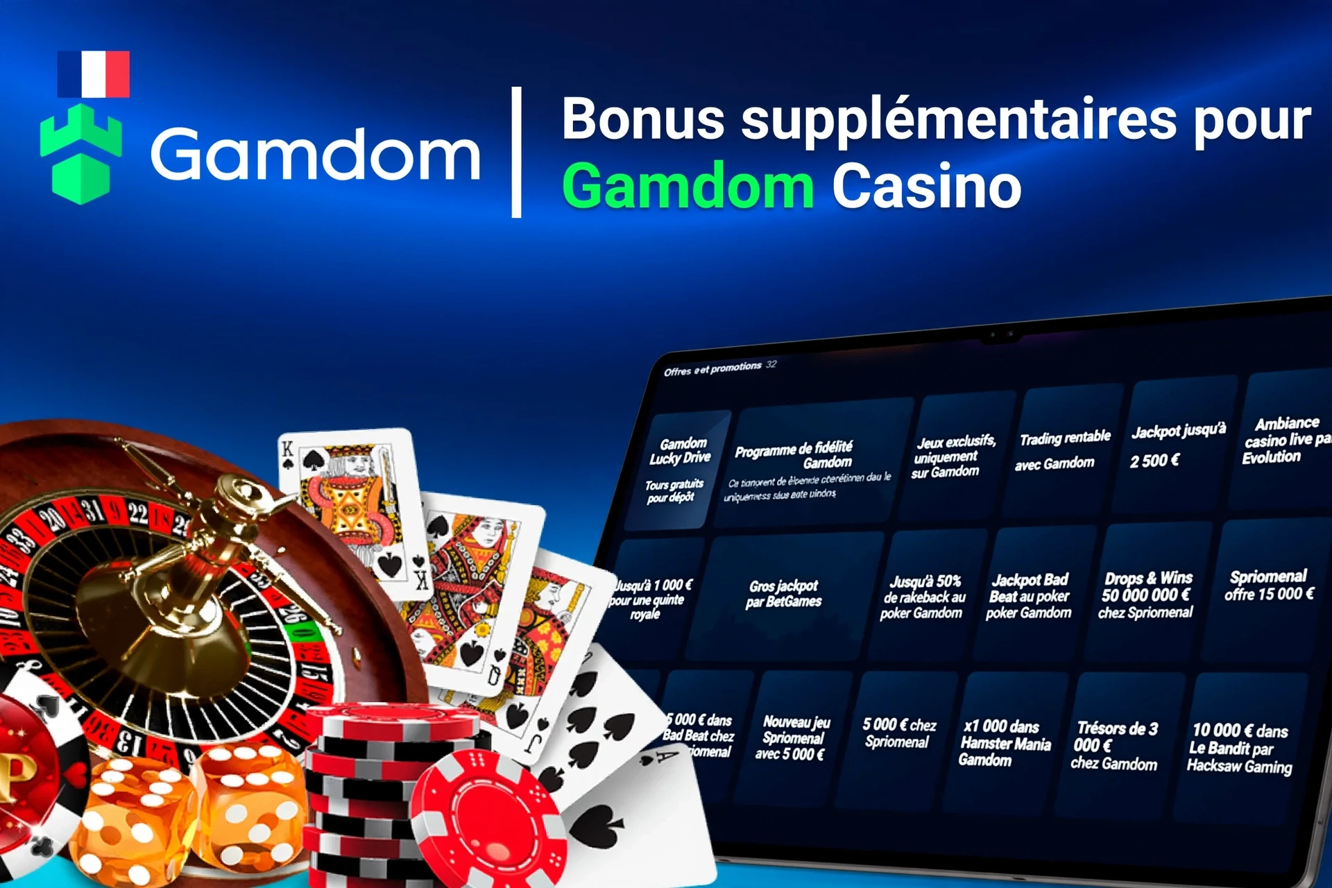 Application mobile montrant des offres de jeux de casino comme un programme de fidélité et des tours gratuits avec des jetons et des cartes