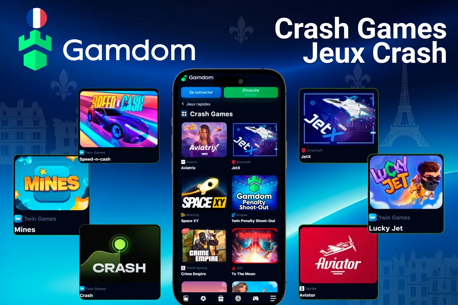jeux crash tels que Mines, Speed-n-Cash, JetX et Lucky Jet affichés sur l'application mobile