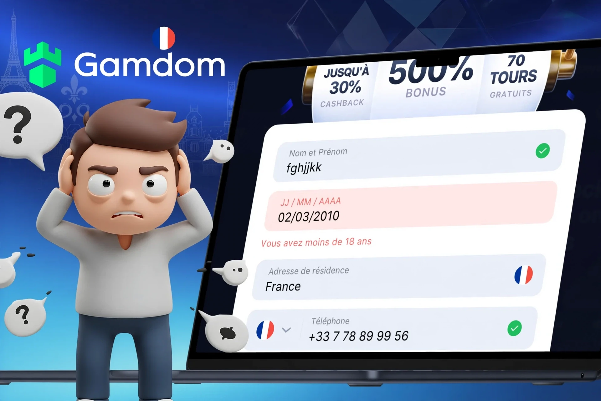 Description des difficultés possibles lors de l'inscription sur Gamdom